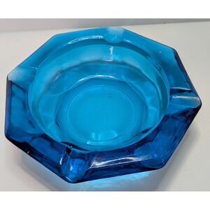 Ashtray Unisex OS Blue Excellent Vintage Mid Century Hexagon Glass 6in